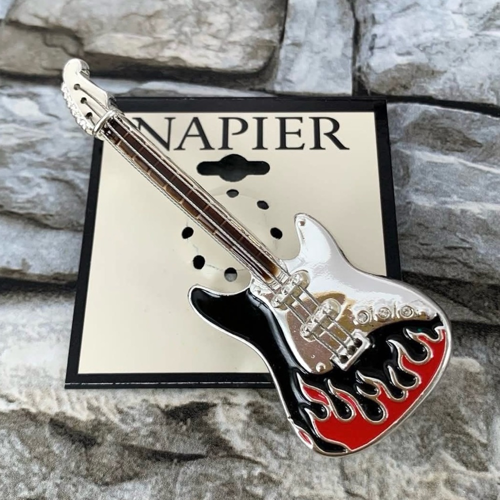 #65 Napier Electric Guitar Figural Silver Tone Enamel & Crystal Brooch Pin New